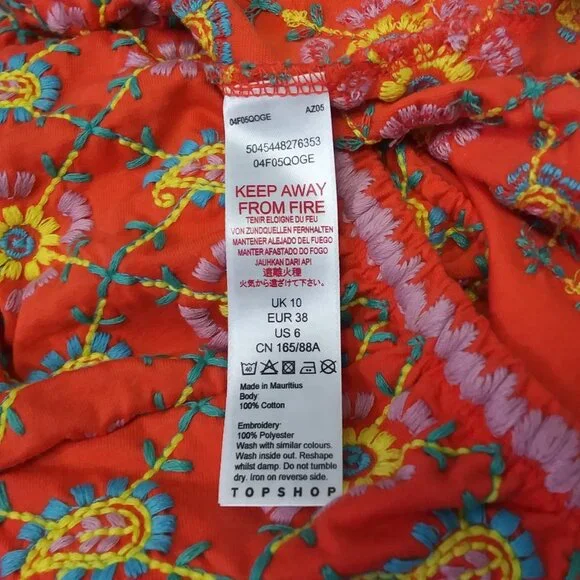 Topshop Cropped Peasant Top Fully Embroidered Orange Floral Womens 6 NEW - Picture 5 of 8